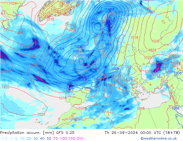 Precipitation accum. GFS 0.25 czw. 26.09.2024 00 UTC