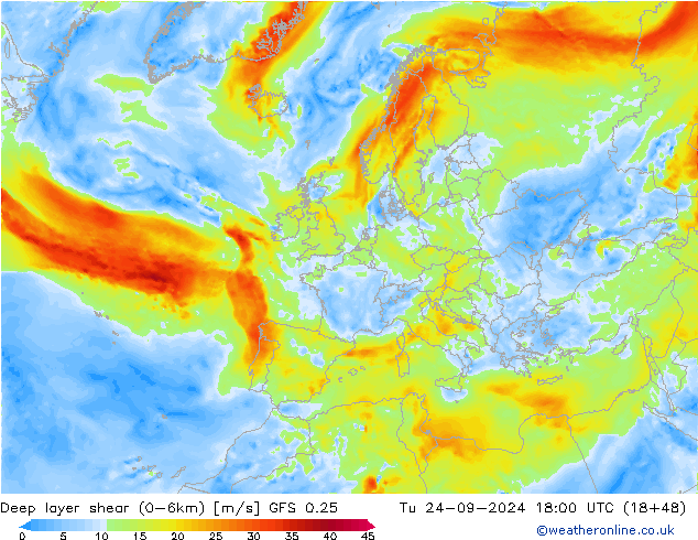 Deep layer shear (0-6km) GFS 0.25 Ter 24.09.2024 18 UTC