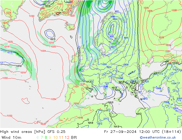 High wind areas GFS 0.25 Fr 27.09.2024 12 UTC