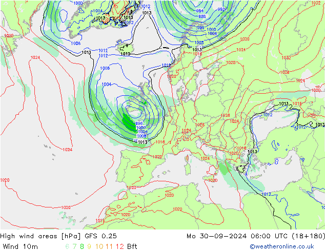 High wind areas GFS 0.25 Po 30.09.2024 06 UTC