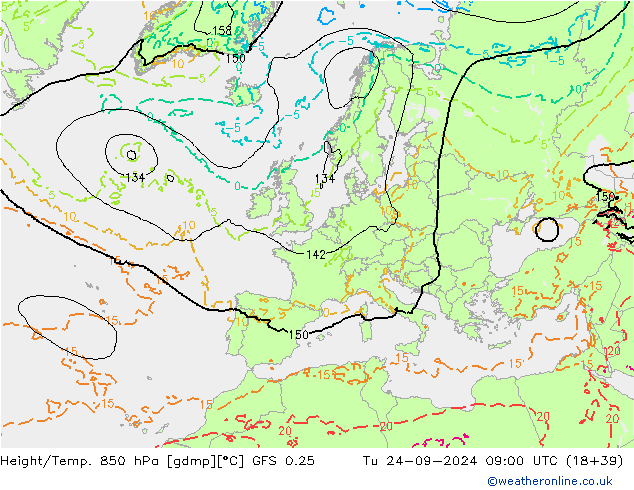 Z500/Rain (+SLP)/Z850 GFS 0.25 вт 24.09.2024 09 UTC