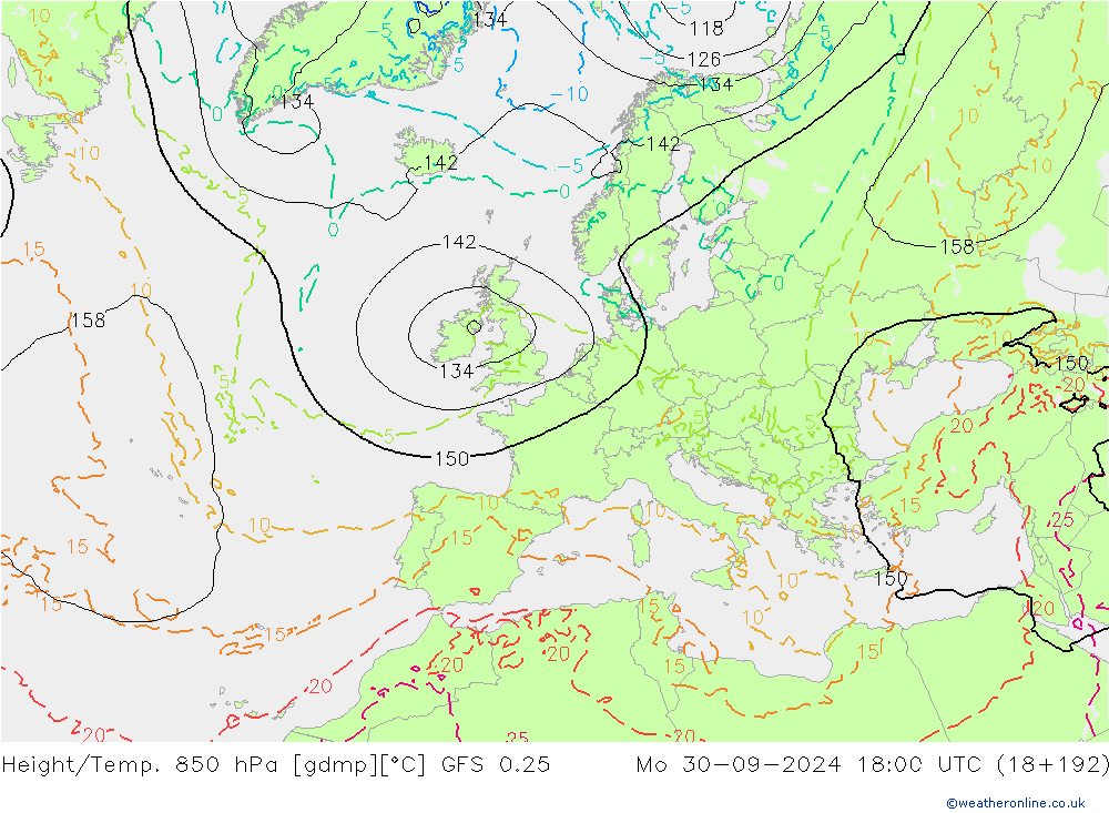 Z500/Rain (+SLP)/Z850 GFS 0.25 Po 30.09.2024 18 UTC