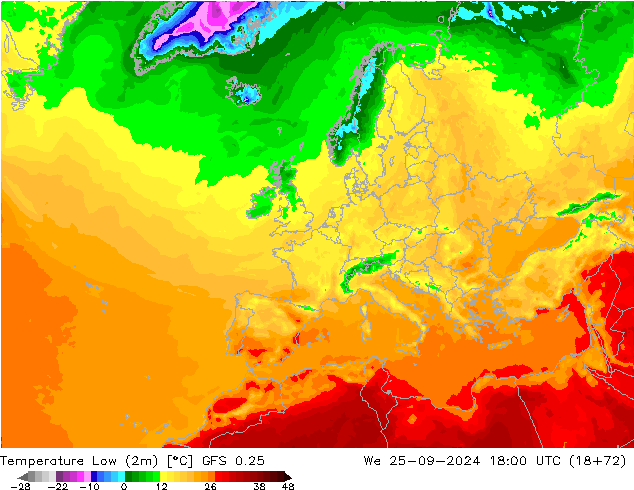 Nejnižší teplota (2m) GFS 0.25 St 25.09.2024 18 UTC