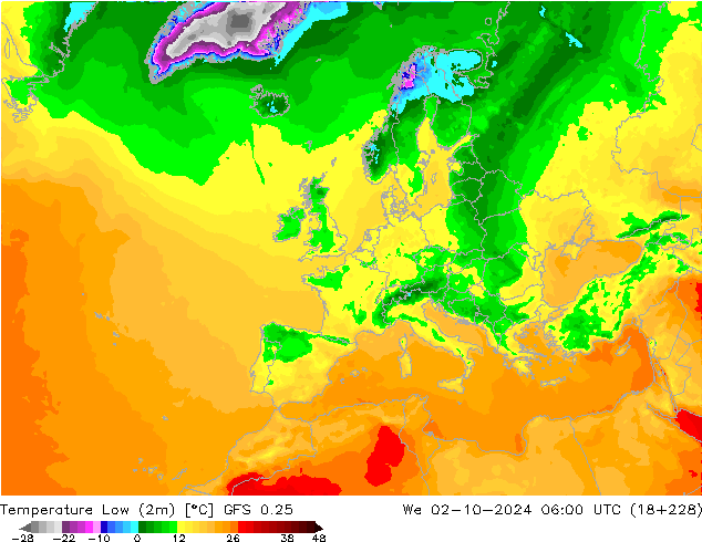 Min.temperatuur (2m) GFS 0.25 wo 02.10.2024 06 UTC