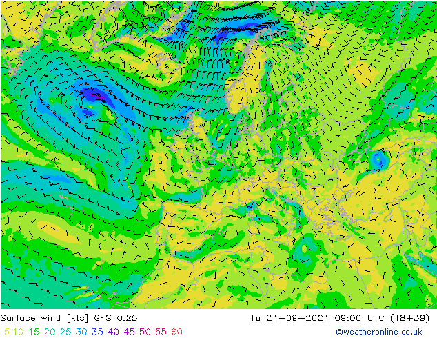 Vent 10 m GFS 0.25 mar 24.09.2024 09 UTC