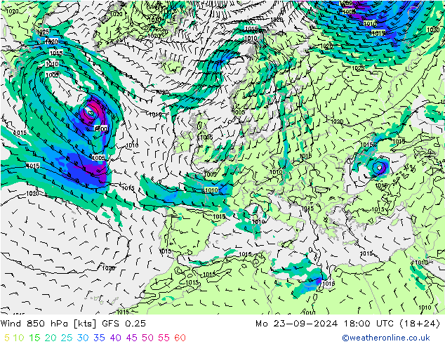 Vento 850 hPa GFS 0.25 Seg 23.09.2024 18 UTC