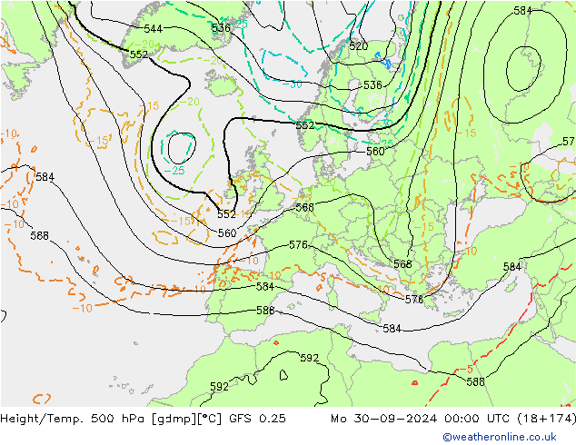 Z500/Rain (+SLP)/Z850 GFS 0.25 lun 30.09.2024 00 UTC