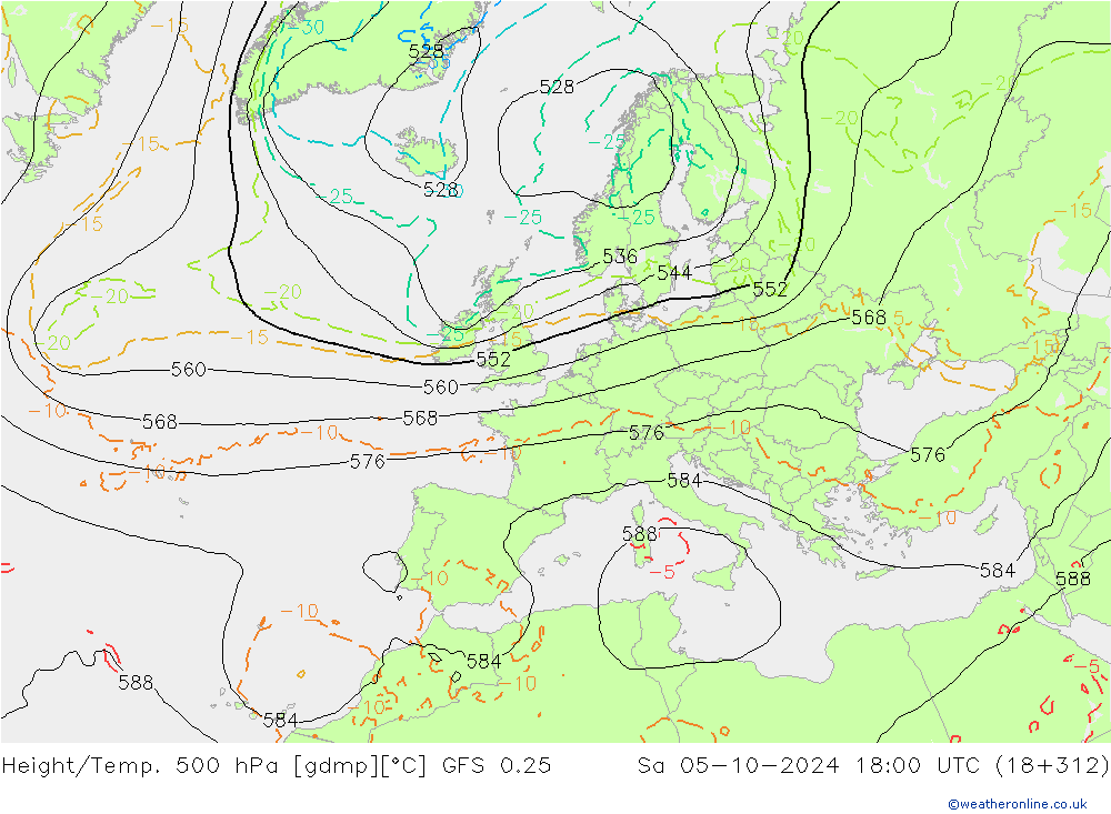 Z500/Rain (+SLP)/Z850 GFS 0.25 Sa 05.10.2024 18 UTC