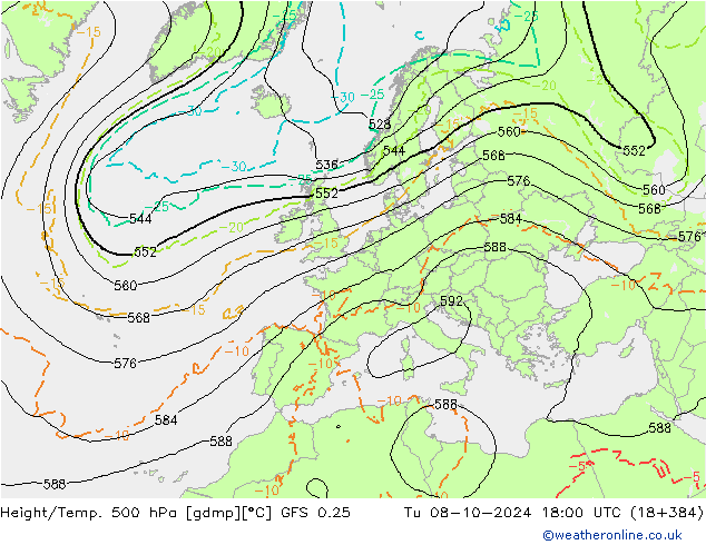 Z500/Rain (+SLP)/Z850 GFS 0.25 Di 08.10.2024 18 UTC