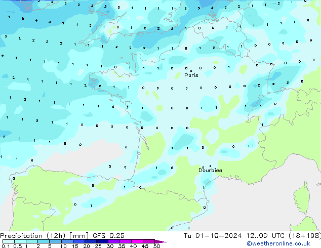 Precipitation (12h) GFS 0.25 Út 01.10.2024 00 UTC