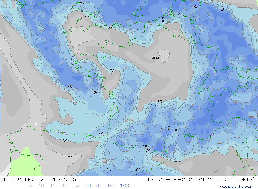 RH 700 hPa GFS 0.25 Mo 23.09.2024 06 UTC