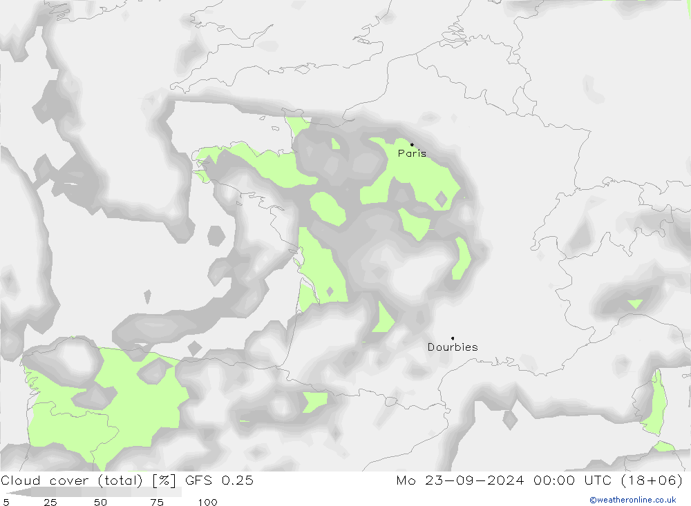 Cloud cover (total) GFS 0.25 Po 23.09.2024 00 UTC