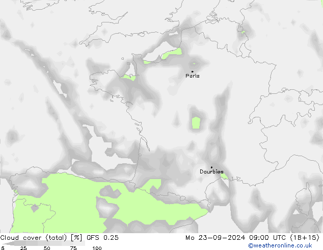 Cloud cover (total) GFS 0.25 Po 23.09.2024 09 UTC