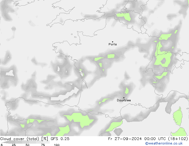 Cloud cover (total) GFS 0.25 Pá 27.09.2024 00 UTC