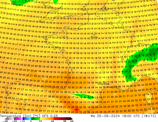 Temperature (2m) GFS 0.25 We 25.09.2024 18 UTC