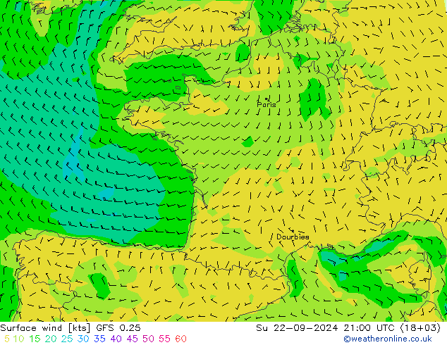 Wind 10 m GFS 0.25 zo 22.09.2024 21 UTC