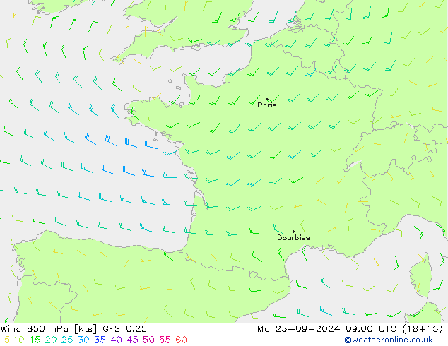 Vento 850 hPa GFS 0.25 Seg 23.09.2024 09 UTC