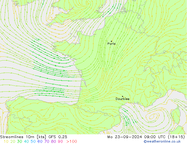 Streamlines 10m GFS 0.25 Po 23.09.2024 09 UTC