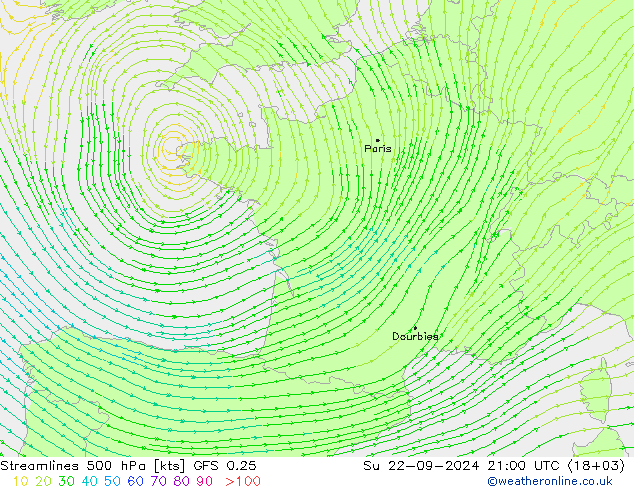 Stromlinien 500 hPa GFS 0.25 So 22.09.2024 21 UTC