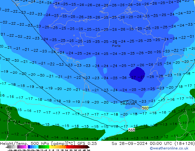 Z500/Yağmur (+YB)/Z850 GFS 0.25 Cts 28.09.2024 00 UTC