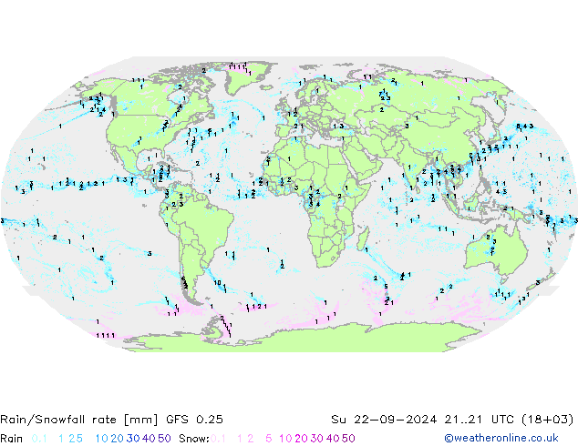 Rain/Snowfall rate GFS 0.25 nie. 22.09.2024 21 UTC