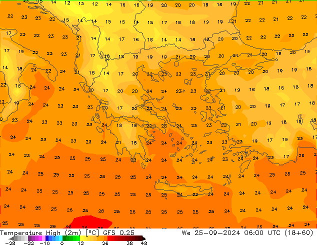 Temperature High (2m) GFS 0.25 We 25.09.2024 06 UTC