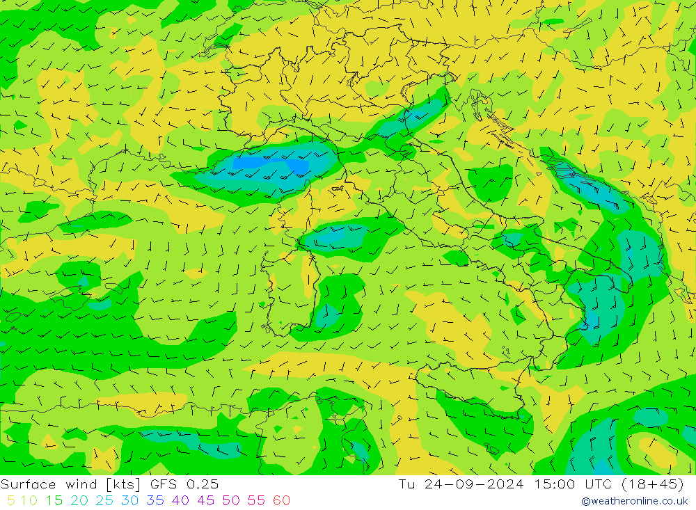 Vento 10 m GFS 0.25 mar 24.09.2024 15 UTC