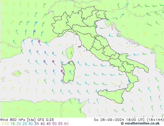 Vento 850 hPa GFS 0.25 sab 28.09.2024 18 UTC