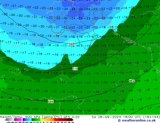 Height/Temp. 500 hPa GFS 0.25 sab 28.09.2024 18 UTC