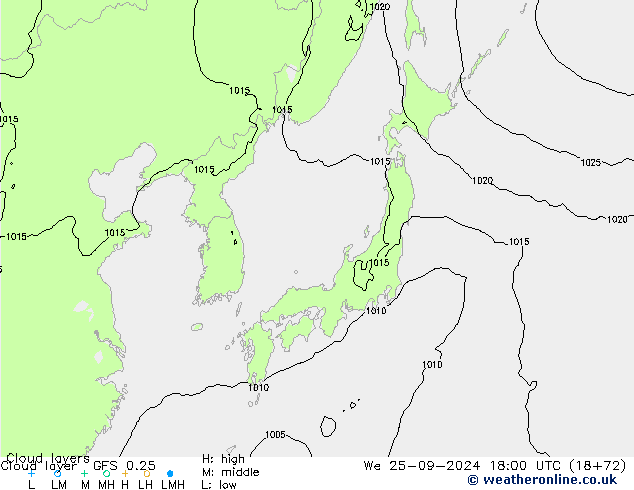 Cloud layer GFS 0.25 Çar 25.09.2024 18 UTC