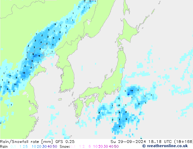 Rain/Snowfall rate GFS 0.25 Su 29.09.2024 18 UTC