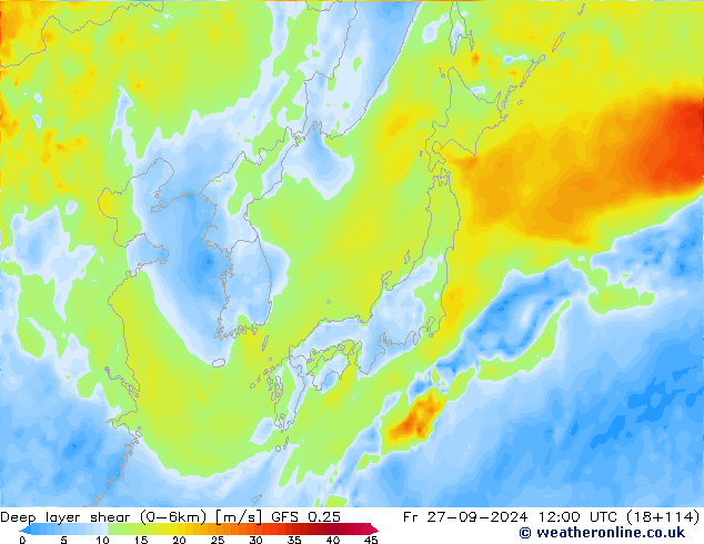 Deep layer shear (0-6km) GFS 0.25 Fr 27.09.2024 12 UTC