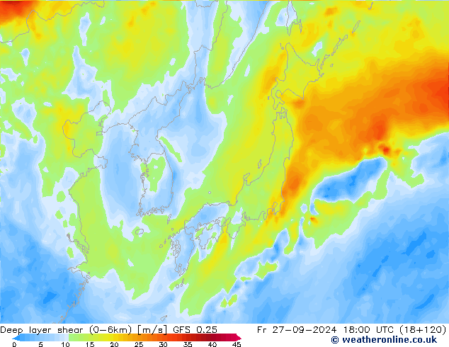 Deep layer shear (0-6km) GFS 0.25 ven 27.09.2024 18 UTC