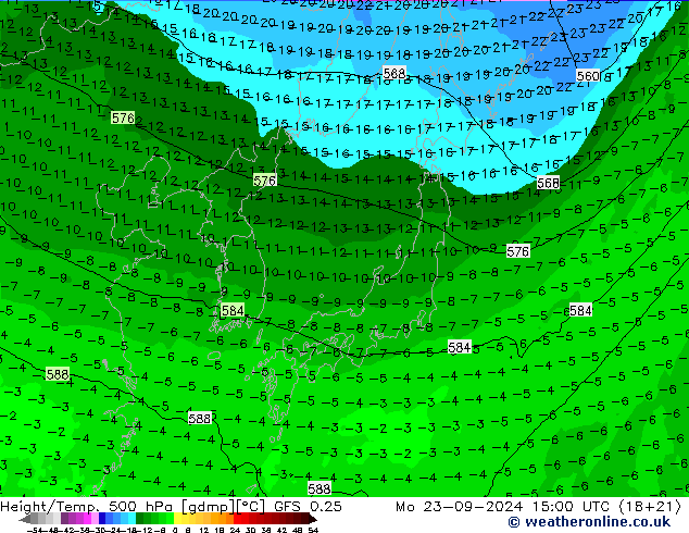 Z500/Rain (+SLP)/Z850 GFS 0.25 Po 23.09.2024 15 UTC