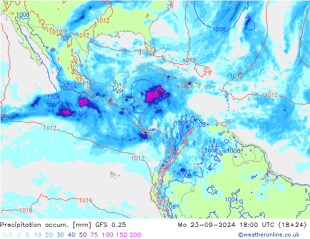 Precipitation accum. GFS 0.25 Mo 23.09.2024 18 UTC