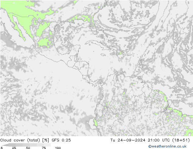 zachmurzenie (suma) GFS 0.25 wto. 24.09.2024 21 UTC