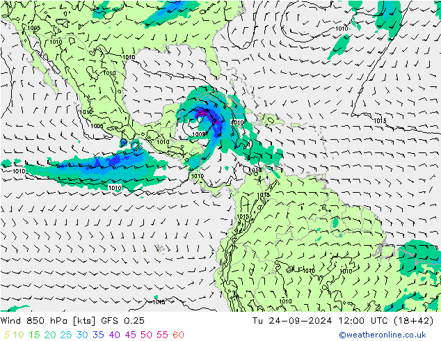 Wind 850 hPa GFS 0.25 Tu 24.09.2024 12 UTC