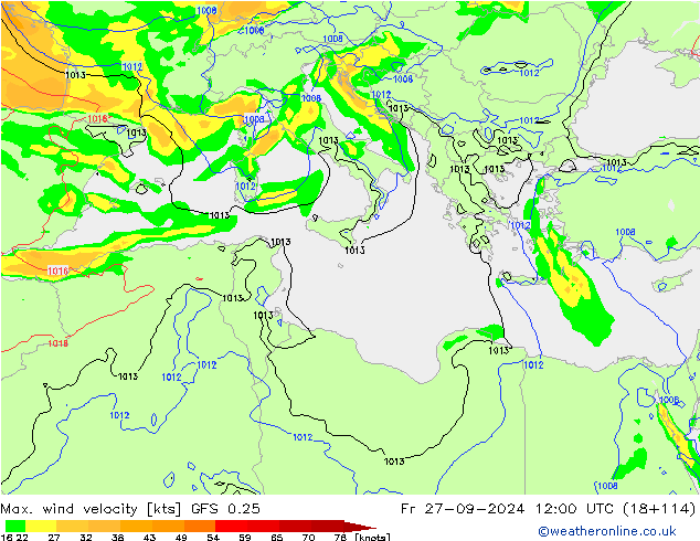 Max. wind velocity GFS 0.25  27.09.2024 12 UTC