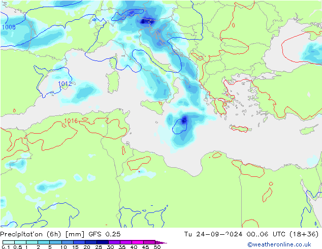 Z500/Rain (+SLP)/Z850 GFS 0.25 Út 24.09.2024 06 UTC