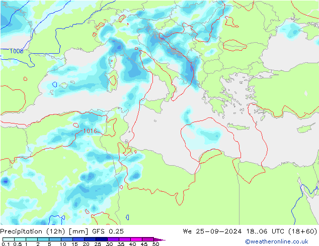 Precipitation (12h) GFS 0.25 We 25.09.2024 06 UTC