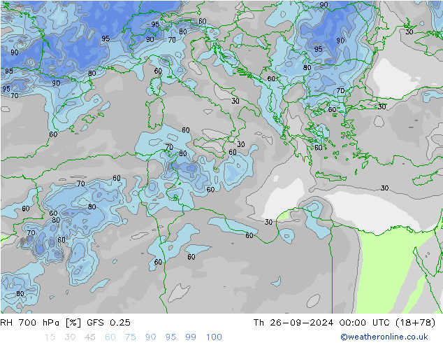 RH 700 hPa GFS 0.25 czw. 26.09.2024 00 UTC