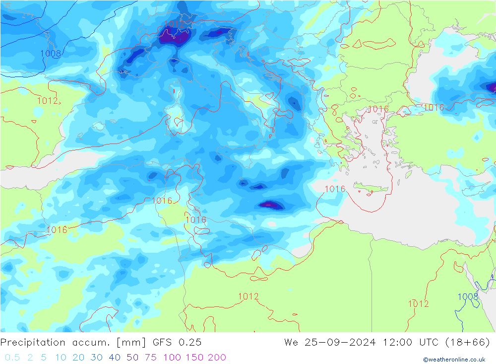 Precipitation accum. GFS 0.25 We 25.09.2024 12 UTC