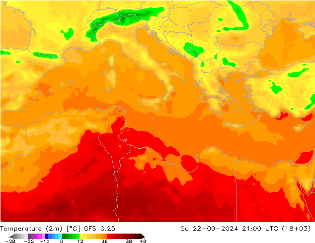 Sıcaklık Haritası (2m) GFS 0.25 Paz 22.09.2024 21 UTC