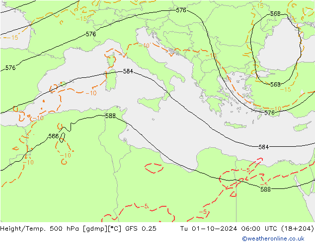 Z500/Rain (+SLP)/Z850 GFS 0.25 Tu 01.10.2024 06 UTC