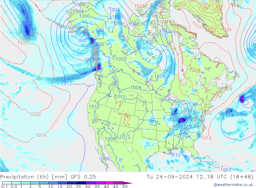 Z500/Rain (+SLP)/Z850 GFS 0.25 Ter 24.09.2024 18 UTC