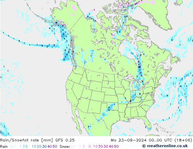 Rain/Snowfall rate GFS 0.25 星期一 23.09.2024 00 UTC