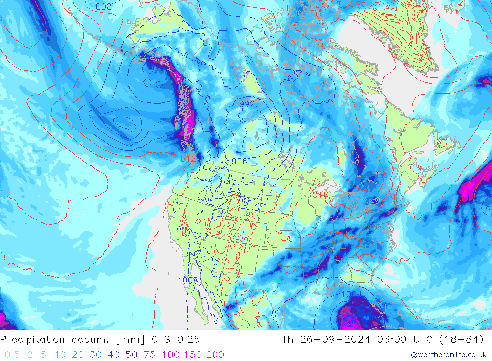 Precipitation accum. GFS 0.25 星期四 26.09.2024 06 UTC