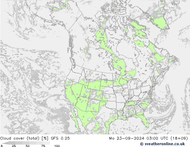 Cloud cover (total) GFS 0.25 Mo 23.09.2024 03 UTC