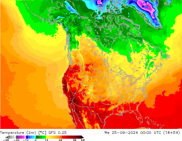 Temperature (2m) GFS 0.25 We 25.09.2024 00 UTC