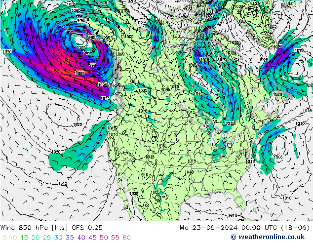 Viento 850 hPa GFS 0.25 lun 23.09.2024 00 UTC